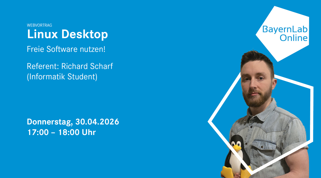 Blaue Grafik mit Informationen in weißer Schrift zum Webvortrag, die Informationen sind auch im Fließtext. Rechts oben in blauer Schrift 